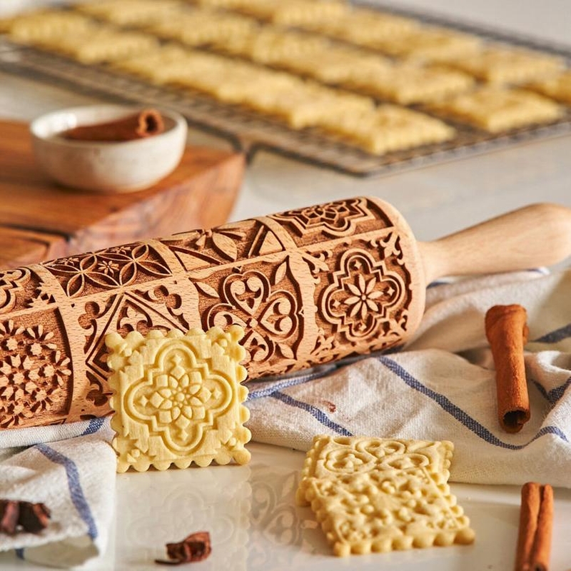 Christmas Rolling Pin Engraved Carved Wood Embossed Rolling Pin Kitchen Tool 9