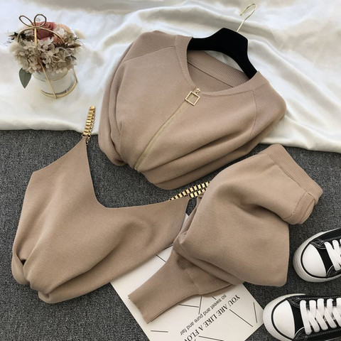 SMTHMA 2022 New Autumn And Winter Knitted Zipper Cardigans + Camisole + Pants 3pcs Fashion Suit Women Tracksuit Clothes Set ► Photo 1/6