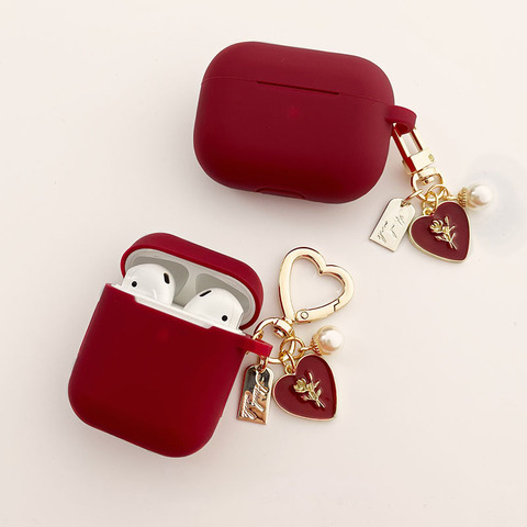 Vintage Roses Pearl Keychain Wine Red Silicone Earphone Case For Apple Airpods 1 2 Pro 3 Bluetooth Headset Cover Sweet Cute ► Photo 1/6