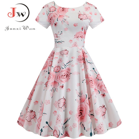 Summer Floral Print Elegant A-line Party Dress Women Slim White Short Sleeve Swing Pin up Vintage Dresses Plus Size Robe Femme ► Photo 1/6