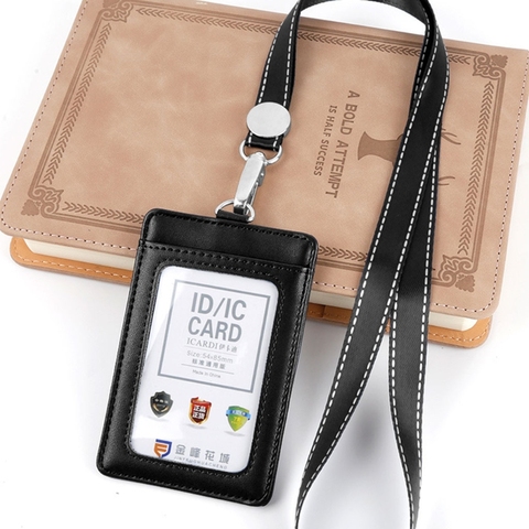 1Pc Badge Holder PU Leather ID Card Holder Wallet with Neck Lanyard 2-Sided Pocket Hot ► Photo 1/6