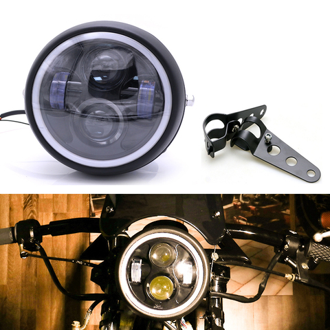 Universal Motorcycle led Headlight DC 12V Scooter Head Lamp with Brackets Moto Round Headlamp Motor Retro Black LED Front Lights ► Photo 1/6