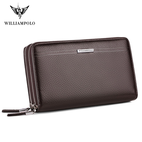 WILLIAMPOLO Leather Vintage Solid Clutch Bag Phone Cases Brand Mens Wallet Double Zipper Genuine Leather Bag PL163 ► Photo 1/6