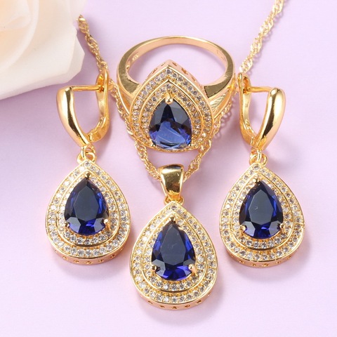 Water Drop Costume Blue Cubic Zirconia Gold Plated Jewelry Sets African Necklace And Earrings Ring 3-Piece Sets Women Gift ► Photo 1/6