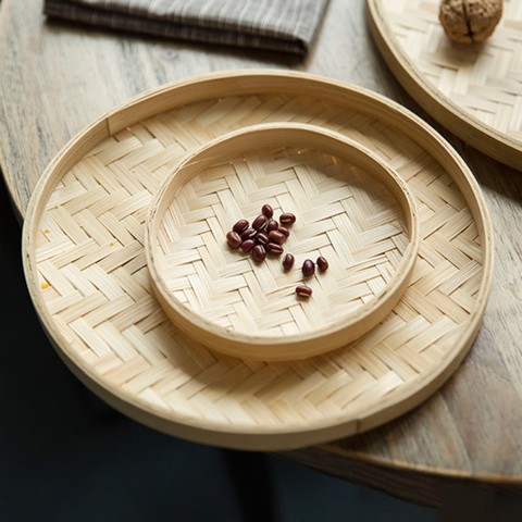 Hand-woven Bamboo Sieve Hand-painted Bamboo Raft Round Dustpan DIY Decorative Fruit Bread Basket Kitchen Storage Tray ► Photo 1/6