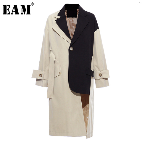 [EAM] Women Khaki Big Size Asymmetrical Trench New Lapel Long Sleeve Loose Fit Windbreaker Fashion Spring Autumn 2022 1K912 ► Photo 1/6