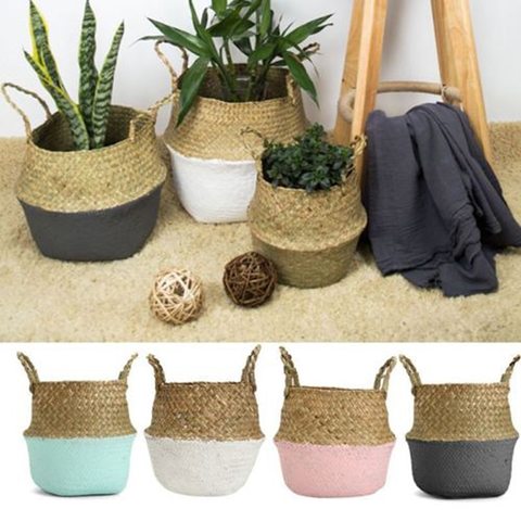 Seagrass Belly Storage Basket Straw Basket Write Wicker Basket Storage Bag White Garden Flower Pot Planter Handmade ► Photo 1/6