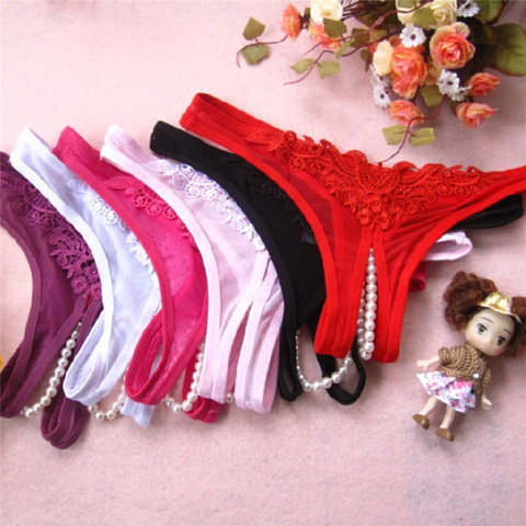 Ladies Lace Briefs Women Erotict Opening Crotch Panties Thongs G-string Lingerie Sexy Underwear With Pearls Massaging Bead ► Photo 1/6