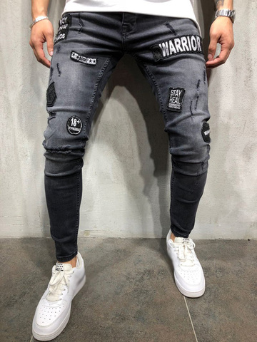 Skinny Hole Ripped Denim Jeans for Men Hip Hop Slim Fit Streetwear Patchwork Badge Distressed Black Pencil Pants ► Photo 1/5