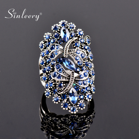 SINLEERY Vintage Big Hollow Blue Rhinestone Dragonfly Rings Women Antique Silver Color Wedding Party Jewelry JZ565 SSI ► Photo 1/6