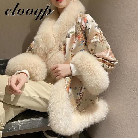 Women's Winter Warm Faux Fur Parka Jacket Female Down Cotton Coat With Fox Fur Collar Embroidery Flowers Coats Jackets Overcoat ► Photo 1/6