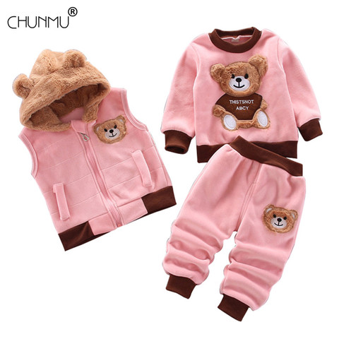 Children's Clothing Winter Suit 1 2 3 4 Years Toddler Boy Girl Fashion Fleece Thick Warm 3PCS Set Vest Hooded Tops Pants ► Photo 1/6