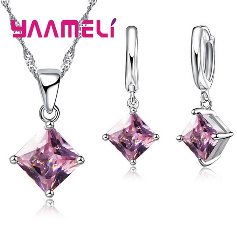 Black Friday Sale Women Pendants Necklace Simple Geometry Square Earrings Crystal 925 Sterling Silver Jewelry Sets for Wedding ► Photo 1/6