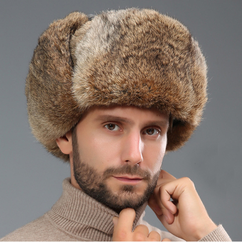 HT3262 Thick Warm Bomber Hat Men Real Rabbit Fur Earflap Trapper Russian Cap Male Plus Size Winter Hats for Men Ski Russian Hat ► Photo 1/6