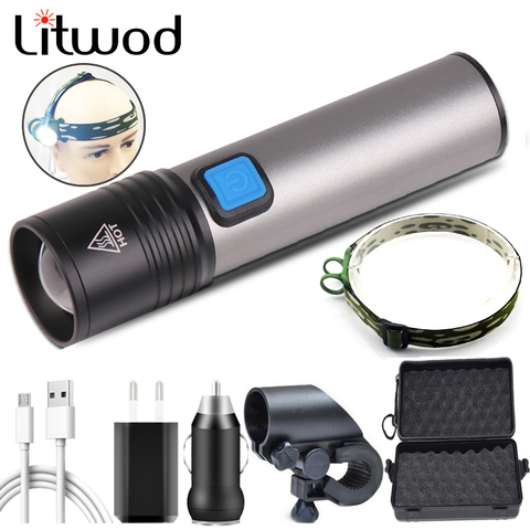 XM-L T6 USB Rechargeable LED Flashlight Camping Light Zoomable Torch Lithium Battery Waterproof with Built-in 1200mah LED Bulbs ► Photo 1/6