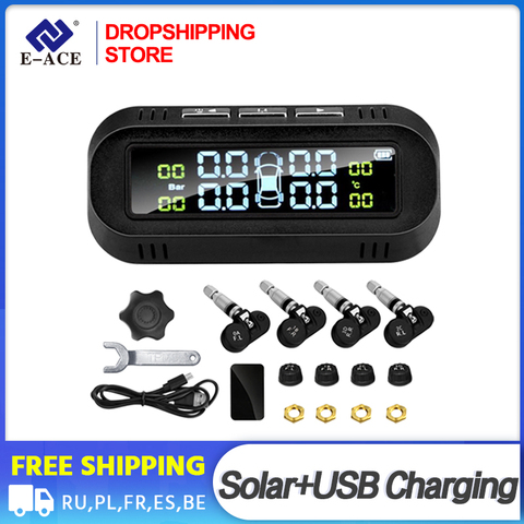 Dropshipping E-ACE K01 TPMS Tyre Pressure Sensor Tpms Solar Car Alarm System Tire Pressure Monitoring System Black LED Display ► Photo 1/6