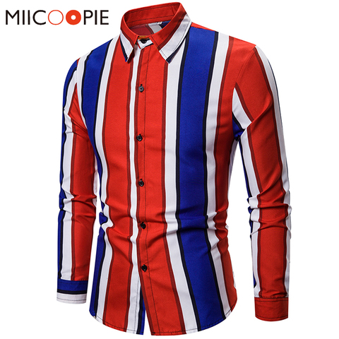 Mens Striped Slim Fit Dress Shirts Fashion Contrast Color Print Long Sleeved Men Casual Shirt Streetwear Hip Hop Camisas Hombre ► Photo 1/6