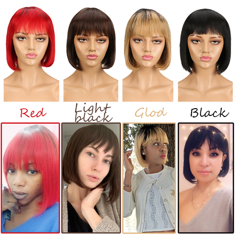 Sleek Short cut Bob Wig Remy Human Hair Wigs With Bangs Brazilian Short Blonde Red Blue Pixie Cut Wig For Women Fast USA France ► Photo 1/6