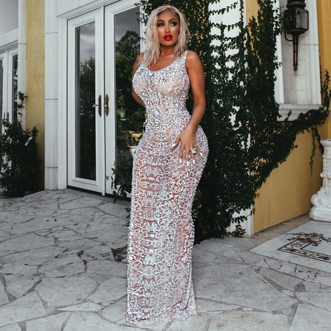 Silver Rhinestones Pearls Mesh See Through Dress Women Celebrate Birthday Dress Prom Party Outfit Female Singer Sexy Long Dress ► Photo 1/6