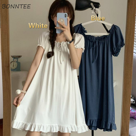 Nightgowns Womens Summer Ruffles Knee Length Bow Solid Sweet Kawaii Lolita Princess Dress Vintage Home Style Sleepshirts Hot New ► Photo 1/6