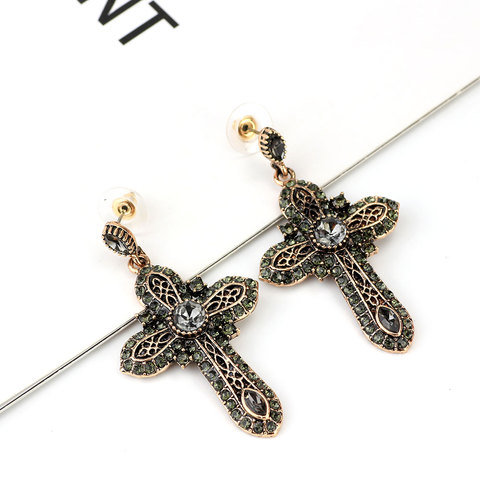 Sunspicems Cross Drop Earring for Women Turkish Design Full Rhinestone Antique Gold Color Church Religious Belief Jewelry Gift ► Photo 1/6
