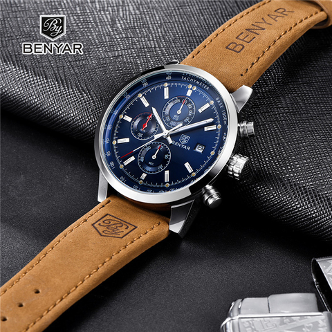 Watch Men BENYAR Quartz Fashion Chronograph Clock Luxury Brand Leather Men Watches waterproof Sport Wristwatch Relogio Masculino ► Photo 1/6