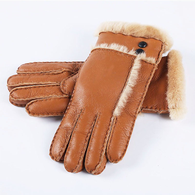 Winter Genuine Sheepskin Leather Gloves Fur Full Finger Mittens Outdoor for Men 