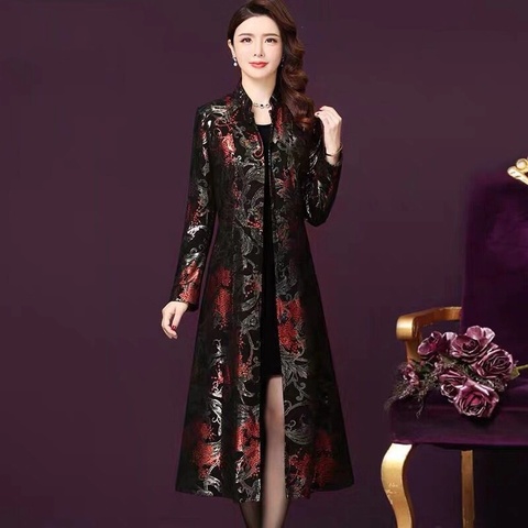 Winter Fall Vintage Womens Red Golden Glitter Floral Printed Black Long Trench Coat , Overcoat for Women , Woman 4xl Coats ► Photo 1/5