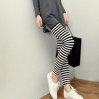 New Hot Plus Size Women Casual Black White Striped Wide Elastic Stripes Stretch Leggings Long Trousers HOT ► Photo 1/6