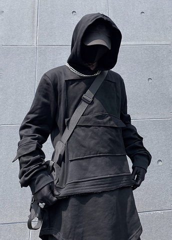 Yamamoto dark wind loose hooded  male ins Japanese fake two-piece pure color pullover jacket tide ► Photo 1/6