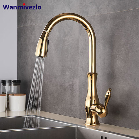 Golden Pull Out Kitchen Faucet Pull Down Spray Kitchen Mixer Tap Single Handle Mixer Tap Swivel 360 Degree Kitchen Mixer Tap ► Photo 1/6