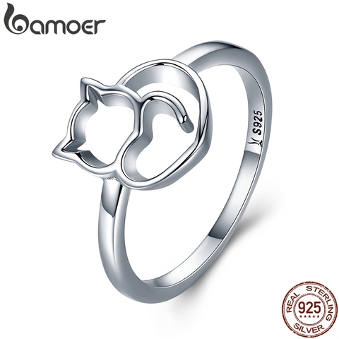 BAMOER Authentic 100% 925 Sterling Silver Naughty Little Cat & Heart Finger Ring for Women Sterling Silver Jewelry Gift SCR104 ► Photo 1/6