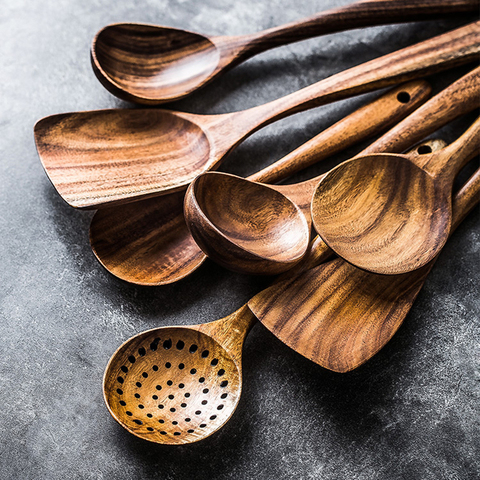 1/7PCS Wooden Cooking Utensils, Teak Spoons for Cooking Wood Utensil for Nonstick Cookware, Kitchen Utensils Set ► Photo 1/1