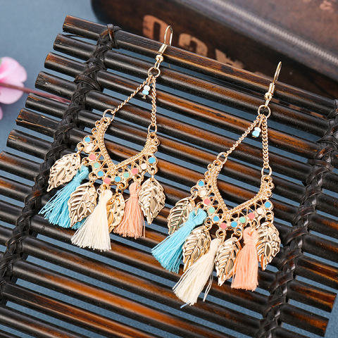 Fashion Women Corful Boho Tassel Earrings Tibetan Jewelry Brincos Bijoux Vintage Bohemia Gold Alloy Leaf Tassel Drop Earrings ► Photo 1/6