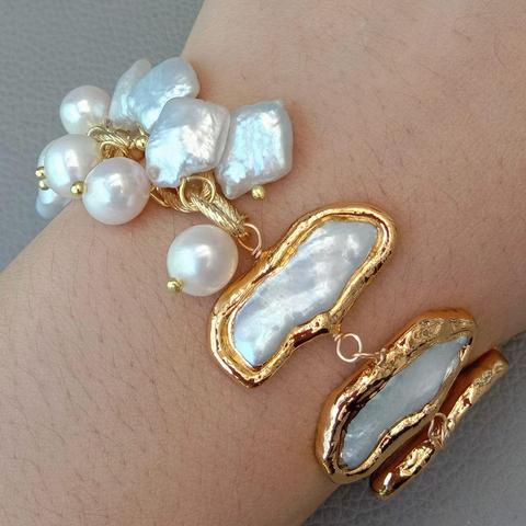 YYGEM 8'' Natural Freshwater White Biwa Keshi Pearl pave Potato Pearl gold plated Chain wrap Bracelet ► Photo 1/6