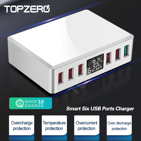 TOPZERO 6 Ports QC 3.0 USB Charger Station 40W LCD Display Fast Charger USB Adapter For iPhone X 11 Pro Phone Charger Stand ► Photo 1/6