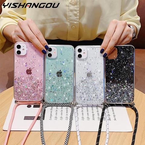 With Neck Strap Rope Cord Clear Glitter Case for iphone 11 pro max x xr xs se 2022 10 7 8 6 6s plus Crossbody Lanyard Back Cover ► Photo 1/6
