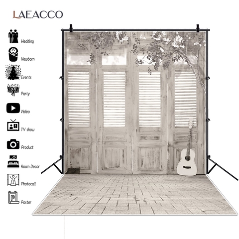 Laeacco Gray White Simple Decor House Door Guitar Flowers Baby Interior Photo Backgrounds Photography Backdrops Photo Studio ► Photo 1/6