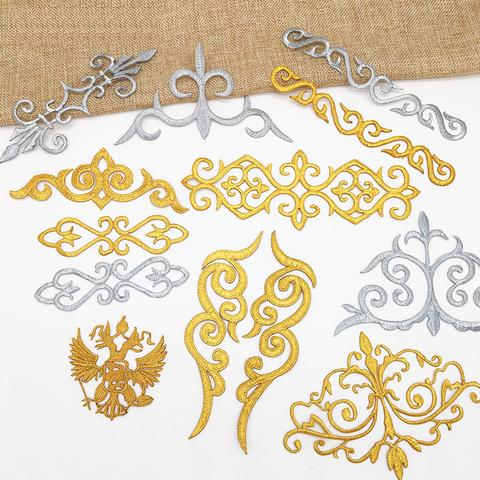 Iron On Appliques Embroidered Patches Lace Fabric Decoration Vintage Dress Costumes Diy Trims Gold Silver HB50 ► Photo 1/2