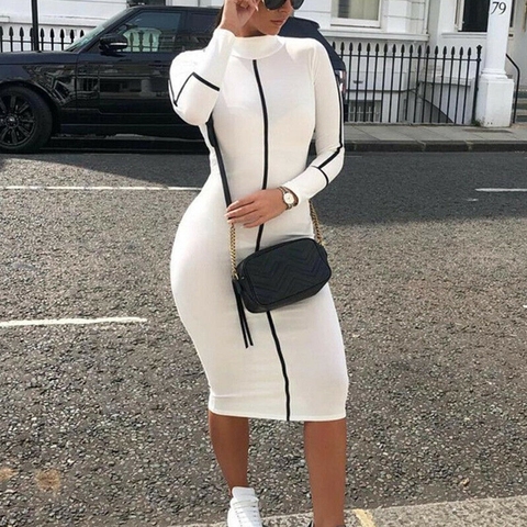 2022 New Fashion Women Sexy Bodycon Dress Autumn High Collar Long Sleeve Slim Fitness Dress Elegant Ladies Casual Pencil Dress ► Photo 1/6