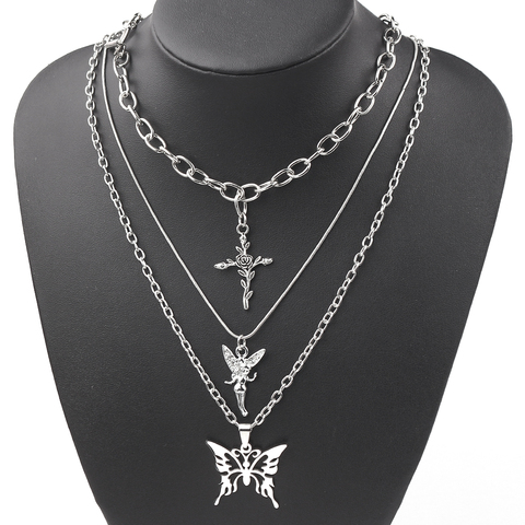 2022 3 Layers Hip Hop Cool Silver Color Cross Choker Necklaces For Women Simple Butterfly Angel Long Pendant Necklace Jewelry ► Photo 1/6