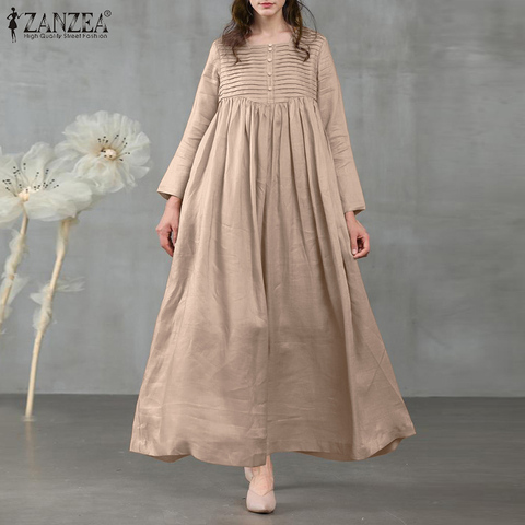 ZANZEA Spring Elegant Sundress Vintage Women Square Neck Long Sleeve Solid Long Dress Casual Pleated Party Vestido Plus Size 7 ► Photo 1/6