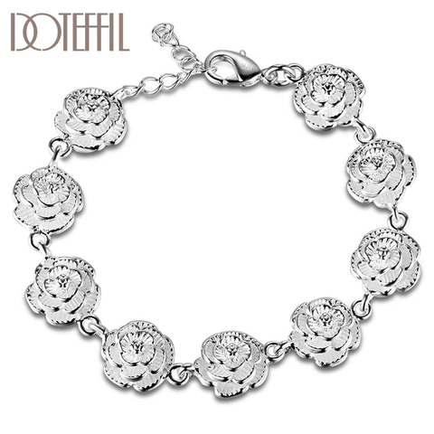 DOTEFFIL 925 Sterling Silver Full Rose Flower Chain Bracelet For Women Wedding Engagement Party Fashion  Jewelry ► Photo 1/5