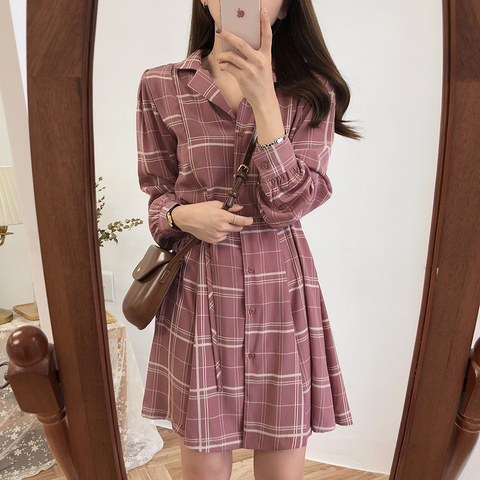 pink Plaid New Autumn Spring A Line Office Lady Dress Women Turn down collar Long Sleeve grid Casual Dresses Robe Femme Vestido ► Photo 1/6