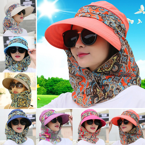Fashion Women Summer Outdoor Riding Anti-UV Sun Hat Beach Foldable Sunscreen Floral Print Caps Neck Face Wide Brim Hat ► Photo 1/6