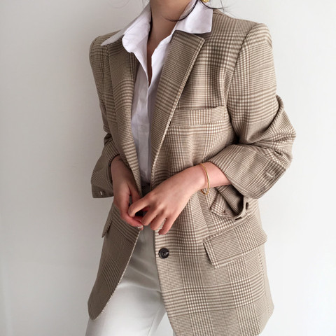 Office Lady Notched Collar Plaid Women Blazer Spring Autumn Jacket  Casual Vintage Female Suits Coat Outerwear ► Photo 1/6