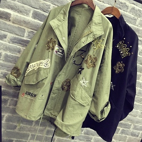 2022 Women Cotton Jacket Coat Casual Women Bomber jacket Embroidery Applique Rivets Oversize Women Coat Army Green Cotton Coat ► Photo 1/6