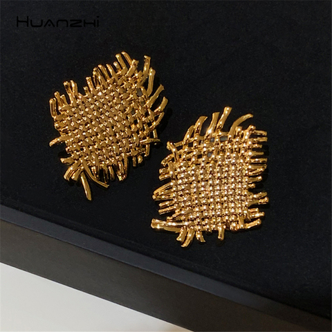 HUANZHI 2022 Retro Gold Metal Geometry Irregular Woven Texture Stud Earrings S925 for Women Girls Party Travel Jewelry Gift ► Photo 1/6