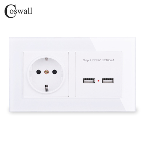 COSWALL Wall Socket EU Standard Power Outlet With Dual USB Smart Induction Charge Port For Mobile 2.1A Crystal Glass Panel ► Photo 1/5