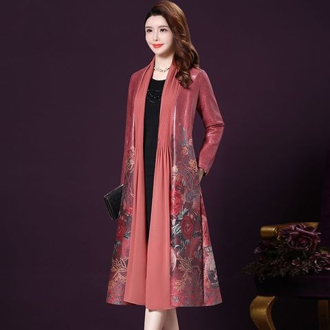 Spring Fall Vintage 4xl  Red Grey Floral Pattern Patchwork Cardigan Trench Coat for Women , Womens Long Windbreaker Coats ► Photo 1/6